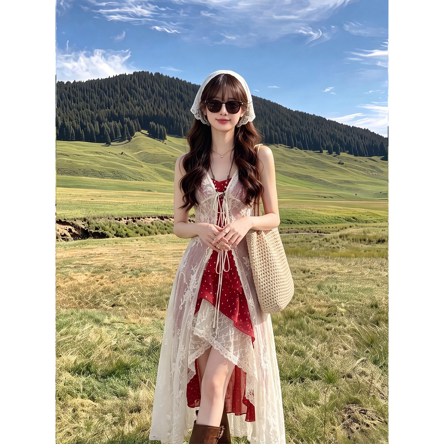 大西北旅游夏季穿搭蕾丝连衣裙女2026超火夏装一整套度假掐腰裙子