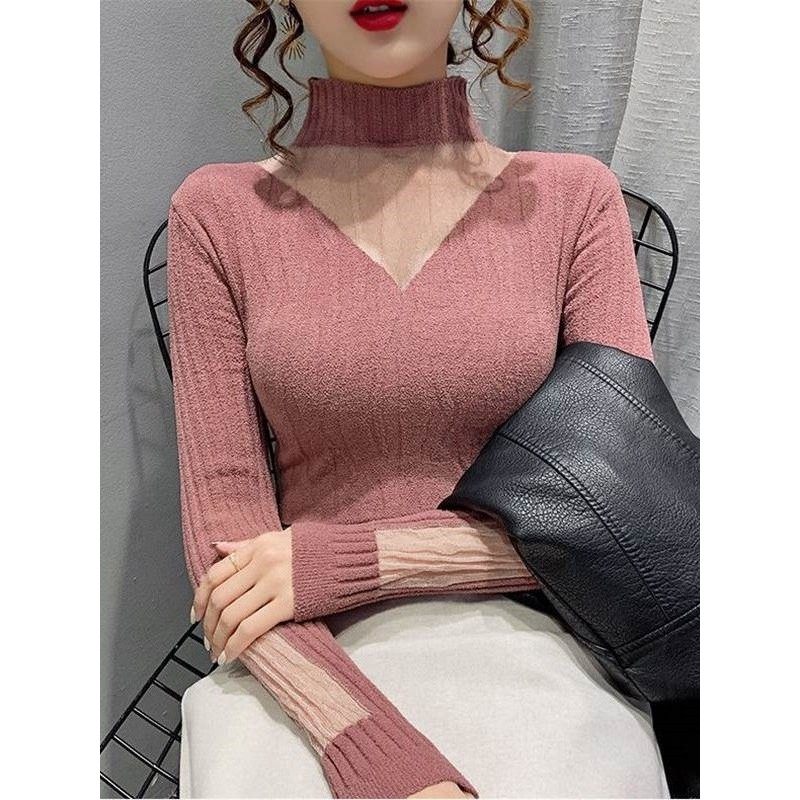 针织打底衫上衣粉色蕾丝衫冬季内搭半高领薄款新款外穿时尚毛衣女,女装/女士精品,羊绒衫,淘宝优惠券,粉丝福利购,淘宝优惠卷