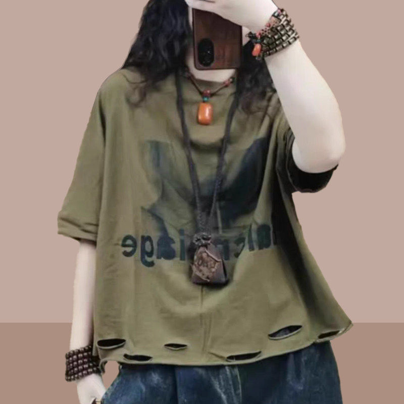 纯棉复古印花下摆破洞做旧短袖t恤女宽松显瘦设计感上衣大码内搭