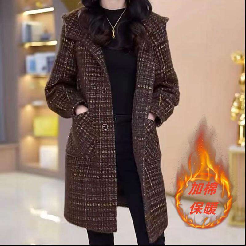 妈妈秋冬连帽加棉外套时尚洋气大衣中老年女装秋季中长款保暖风衣
