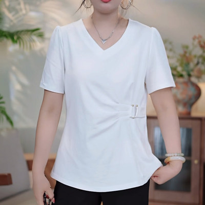 白色V领收腰显瘦T恤上衣女