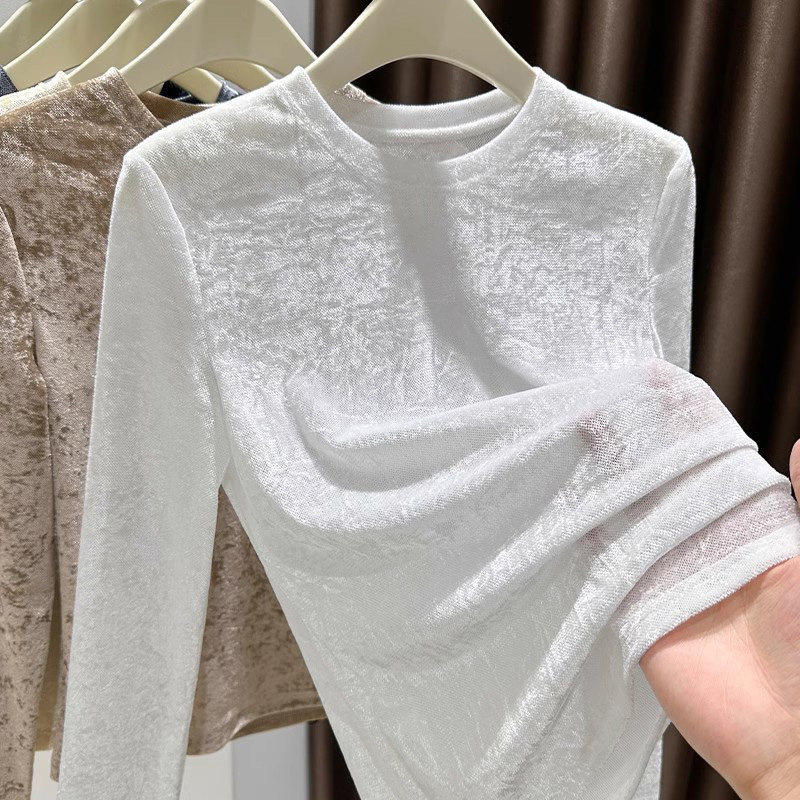 白色圆领打底衫女2026春季钻石毛长袖内搭百搭高级感丝绒上衣羊绒