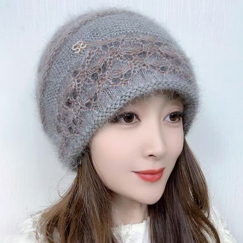 中老年妈妈堆堆帽双层针织松鼠