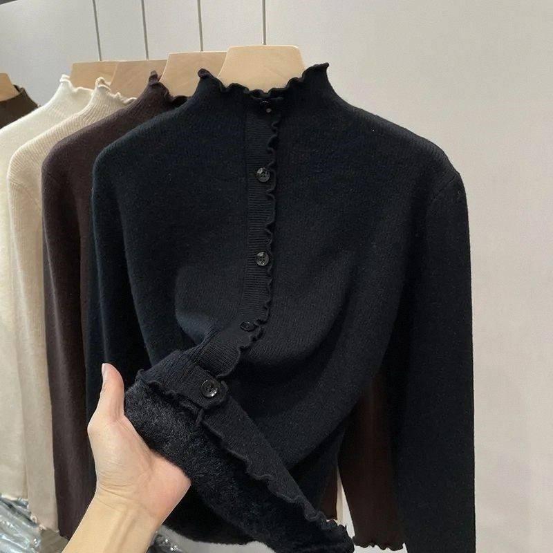 一体绒保暖内搭针织上衣女士秋冬木耳边半高领打底衫加绒加厚毛衣,女装/女士精品,大码内搭,淘宝优惠券,粉丝福利购,淘宝优惠卷