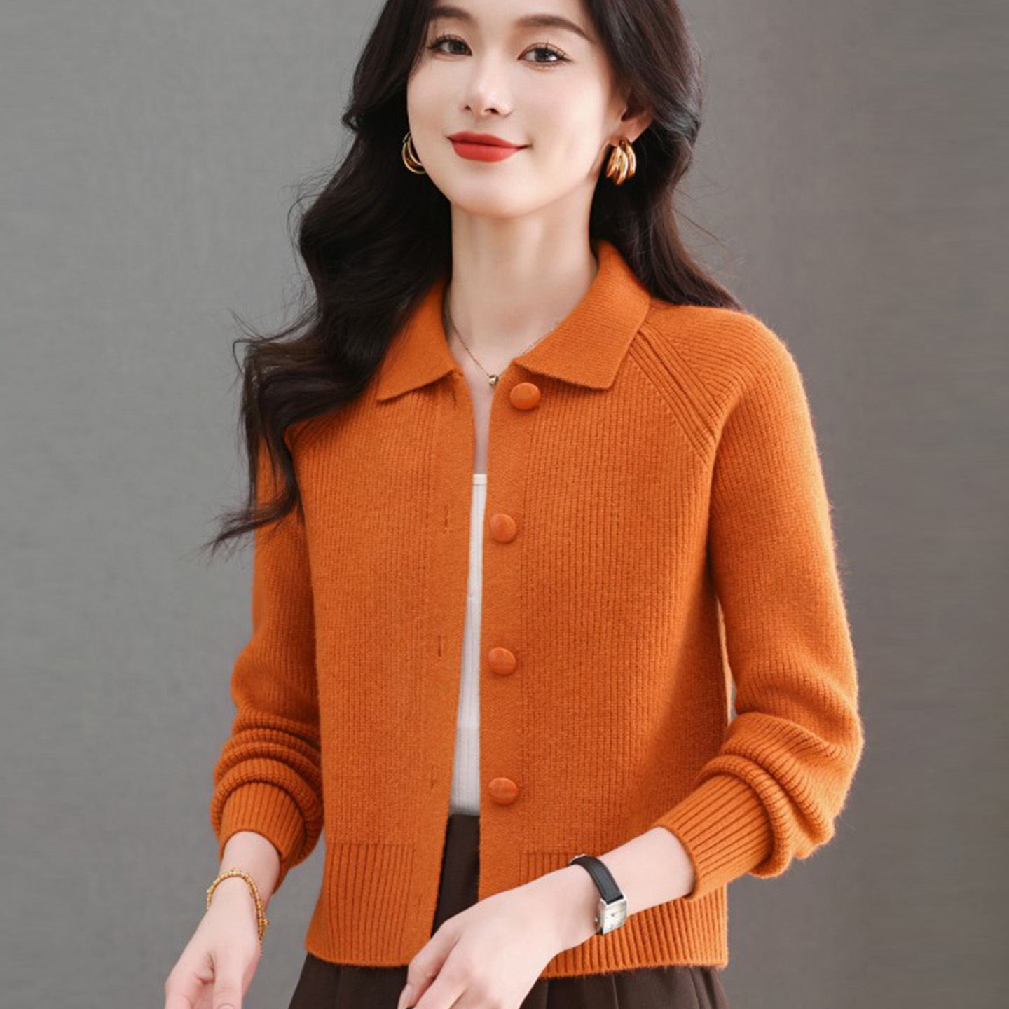 春秋翻领针织开衫女短款上