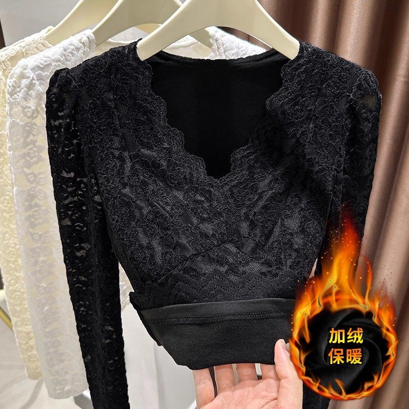 V领蕾丝打底衫女秋冬2025新款法式大码洋气内搭加绒加厚保暖上衣,女装/女士精品,羊绒衫,淘宝优惠券,粉丝福利购,淘宝优惠卷