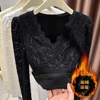 V领蕾丝打底衫女秋冬2025新款