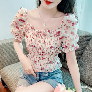 小清新甜美短袖方领碎花衬衫女夏装新款修身收腰显瘦短款雪纺上衣