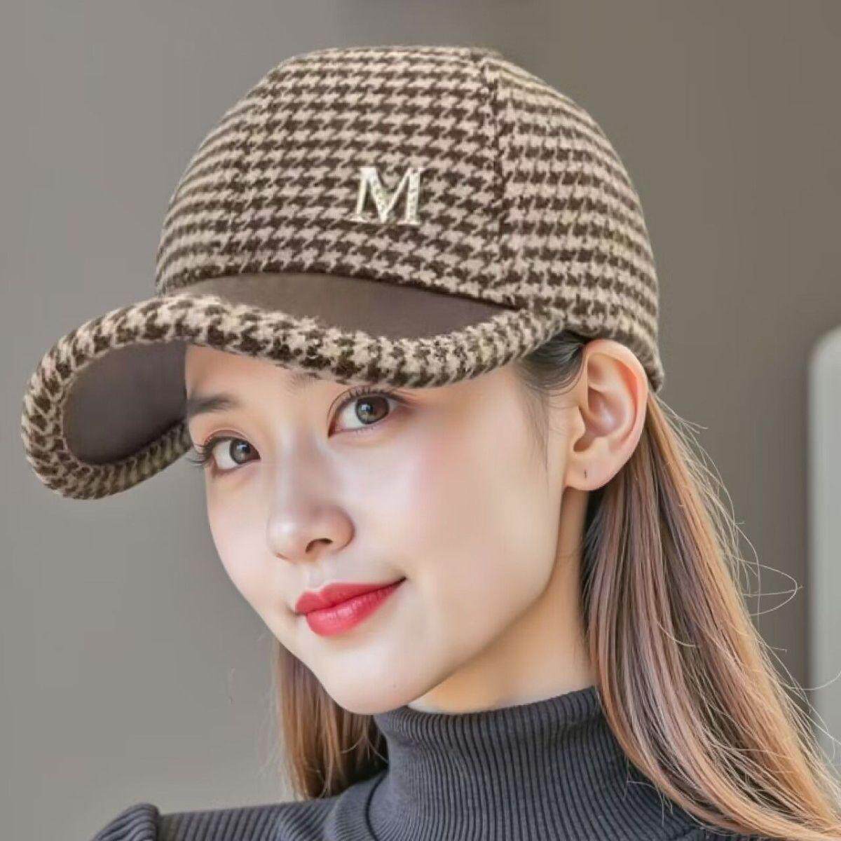 千鸟格帽子女2025秋冬新款时尚百搭保暖棒球帽韩版休闲街头鸭舌帽