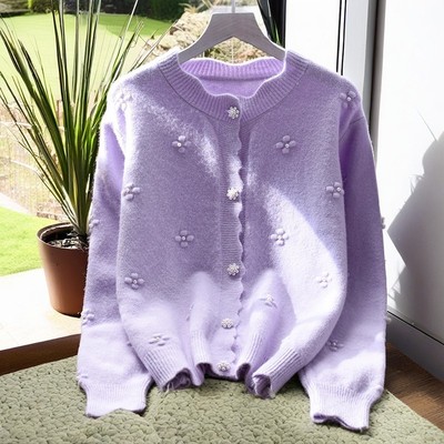 毛衣外套女紫色小香风短款宽松