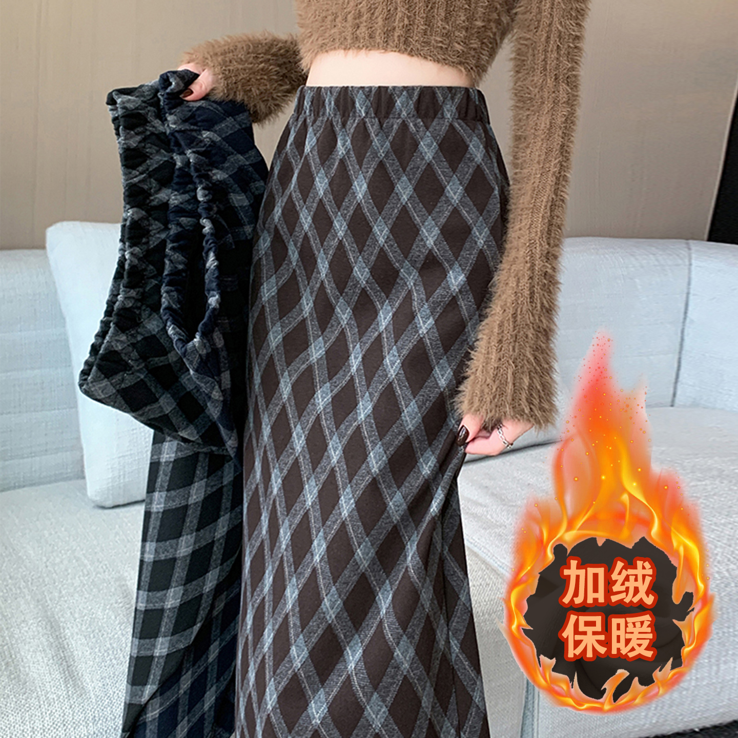 复古时尚毛呢格子半身裙女秋冬