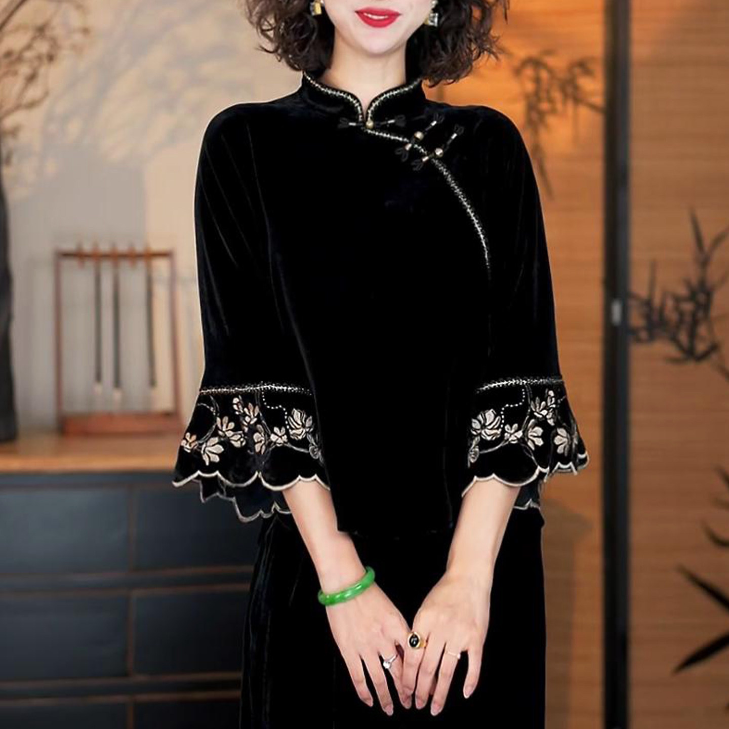新中式立领斜襟国风七分袖衬衫女春秋季新款洋气妈妈装宽松T恤衫