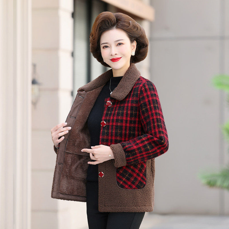 妈妈秋冬格子外套加绒加厚洋派棉袄棉服中老年女装秋冬款时尚棉衣