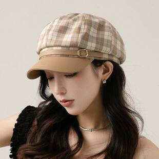 显脸小鸭舌报童帽pu皮质八角帽子女初春薄款气质英伦风格子画家帽