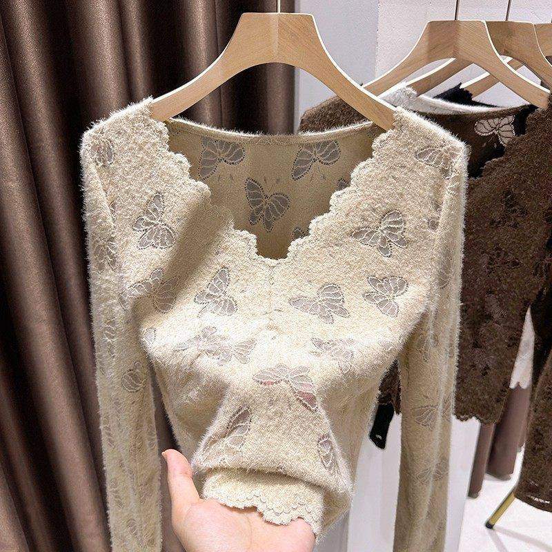 毛茸茸磨毛蝴蝶蕾丝衫女秋冬V领内搭打底衫超好看的花边下摆上衣,女装/女士精品,大码内搭,淘宝优惠券,粉丝福利购,淘宝优惠卷