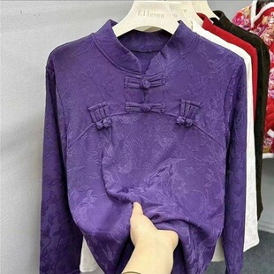 中国风加绒提花打底衫新款时尚气质修身旗袍复古洋气长袖立领上衣