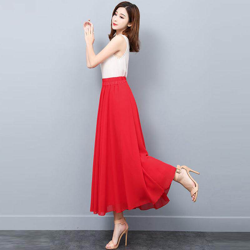 大码半身裙高腰显瘦双层雪纺大摆
