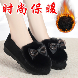秋冬季老北京布鞋女棉鞋蝴蝶结毛毛鞋加绒保暖圆头豆豆鞋女工作鞋