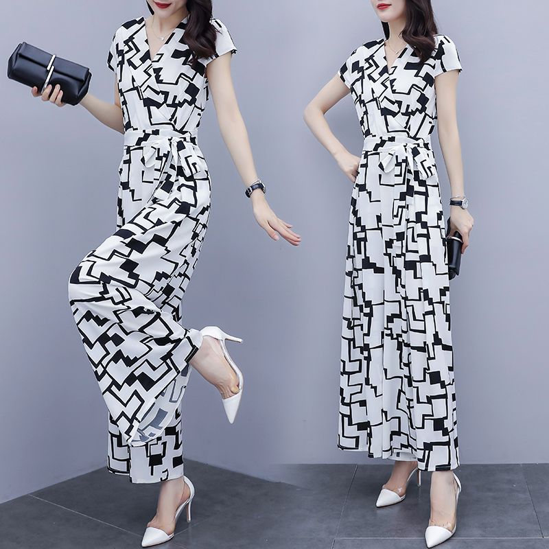 休闲显瘦九分连体裤套装女2023新款夏装薄款时尚雪纺连衣裤阔腿裤