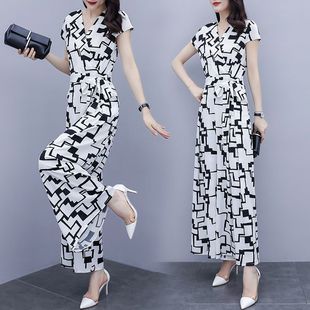 夏装 薄款 时尚 休闲显瘦九分连体裤 阔腿裤 女2023新款 雪纺连衣裤 套装