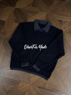 钱夫出品秋季 慵懒风 复古假两件v领翻领毛衣cleanfit高级针织衫