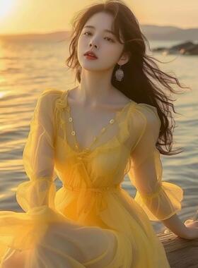 黄色雪纺连衣裙春装女年新款女海边度假仙法式遮肚子长裙子