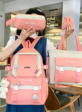 跨境背包女小学生书包女四件套韩版ins帆布包初中生大容量双肩包