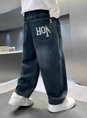 男童裤子春款牛仔裤儿童秋装休闲裤2025潮中大童韩版长裤字母印花