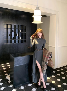 年不规则小众开叉灰色连衣裙女秋季辣妹内搭收腰包臀裙长裙