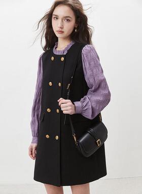 赫本风木耳边黑色秋季小个子新款拼接长袖圆领短袖连衣裙