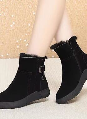 雪地靴女2024秋冬新款时尚韩版皮带扣加绒厚底侧拉链保暖毛毛靴