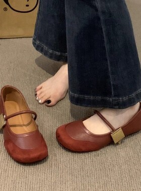 范杰亚红色玛丽珍鞋女鞋春秋新款圆头软底带浅口法式单鞋