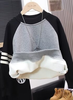 男童秋冬装卫衣加绒打底衫2024新款中大儿童秋季一体绒加厚上衣潮