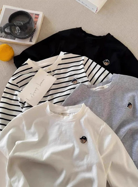 儿童长袖T恤2025春秋男女童宽松潮牌卡通小熊T宝宝条纹打底衫上衣