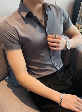 春夏衬衫男短袖修身英伦风商务免烫男士衬衣休闲灰色正装寸衫