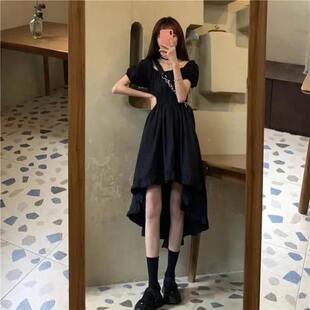 小众字裙前短后长裙子黑色连衣裙女夏季法式复古显瘦气质小黑裙