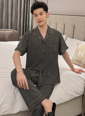 夏季男士居家睡衣开衫翻领皱布棉简约休闲薄款短袖短裤可外穿