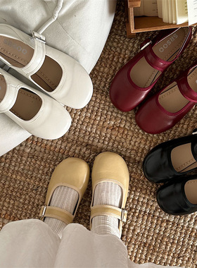 复古红色法式平底小皮鞋女2025新款春秋配裙子浅口圆头玛丽珍