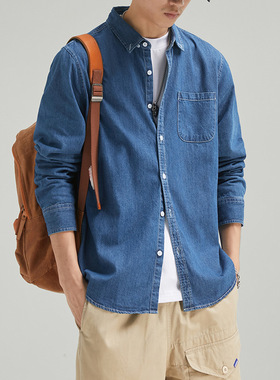 春季男士薄款翻领牛仔衬衫男长袖棉休闲男外出衬衣男