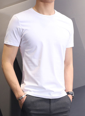 白色短袖T恤男夏季韩版纯色圆领半袖冰丝体恤衣服修身打底衫上衣