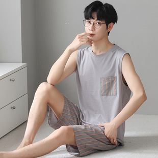 男士睡衣夏季凉感无袖背心短裤薄款简约休闲大码家居服套装