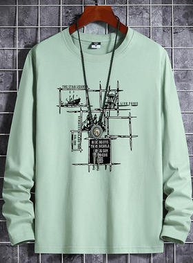 克男士长袖恤春秋季潮流宽松豆绿色打底衫重磅秋衣男装上