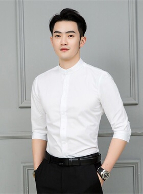 新款中式男装男衬衫男士长袖寸衫立领纯白色韩版修身工作服衬衣