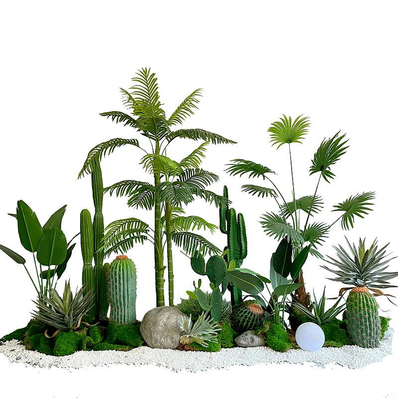 室内仿真绿植造景组合商场橱窗假植物楼梯转角下空间布置露营风
