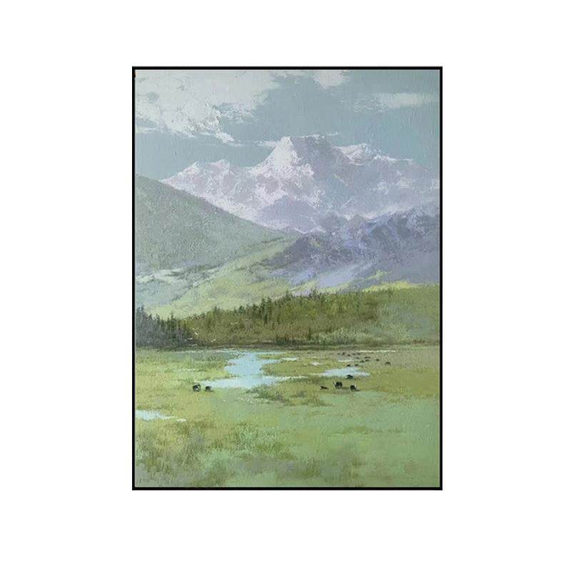 纯手绘油画高档入户正对门玄关客厅手工绘制风景雪山草地挂画