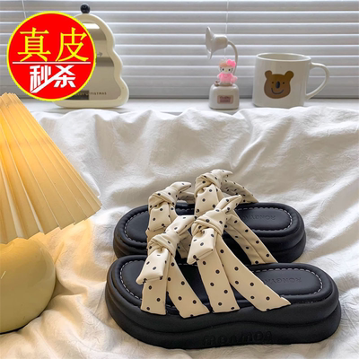 品牌撤柜真皮春夏松糕厚底拖鞋女配裙子2026蝴蝶结凉鞋一字凉拖鞋