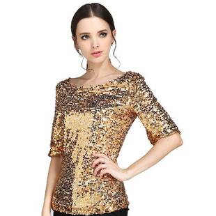 Sequin Gradient Neck Top渐变亮片女上衣 Sleeve Ladies Short