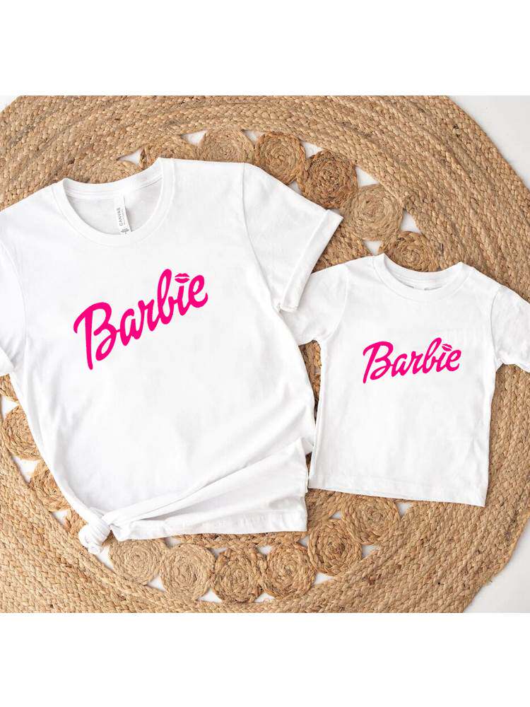 Barbie love pink women t shirt纯棉亲子装芭比宽松服装女