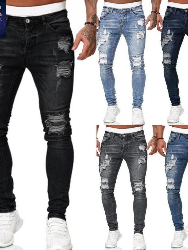 Men's jeans欧美街头男士水洗做旧小脚裤破洞磨白修身牛仔长