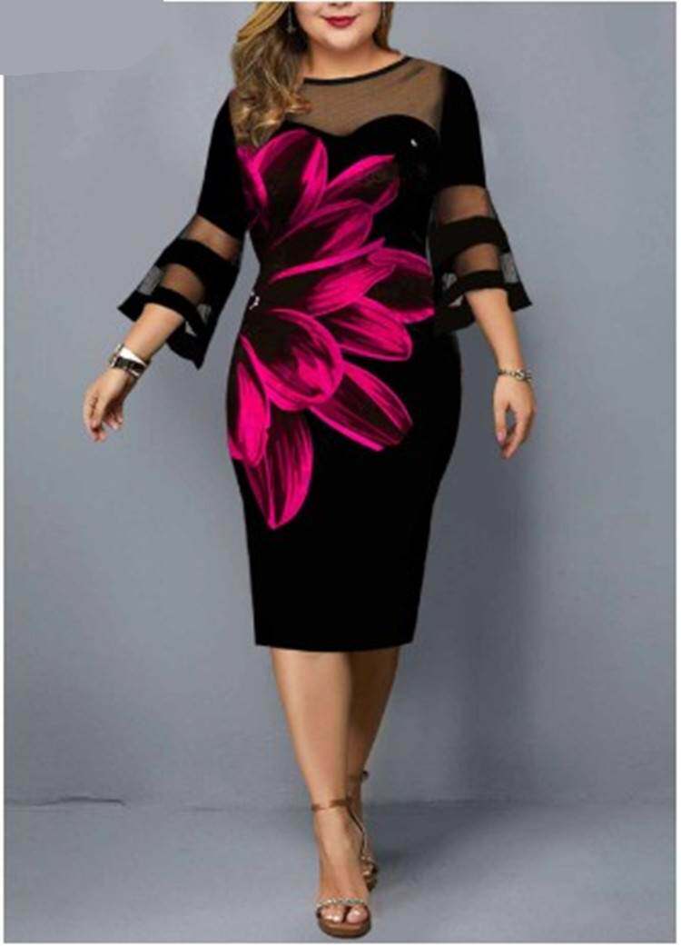 Big size Printed gauze stitching dress印花网纱拼接大码连衣裙
